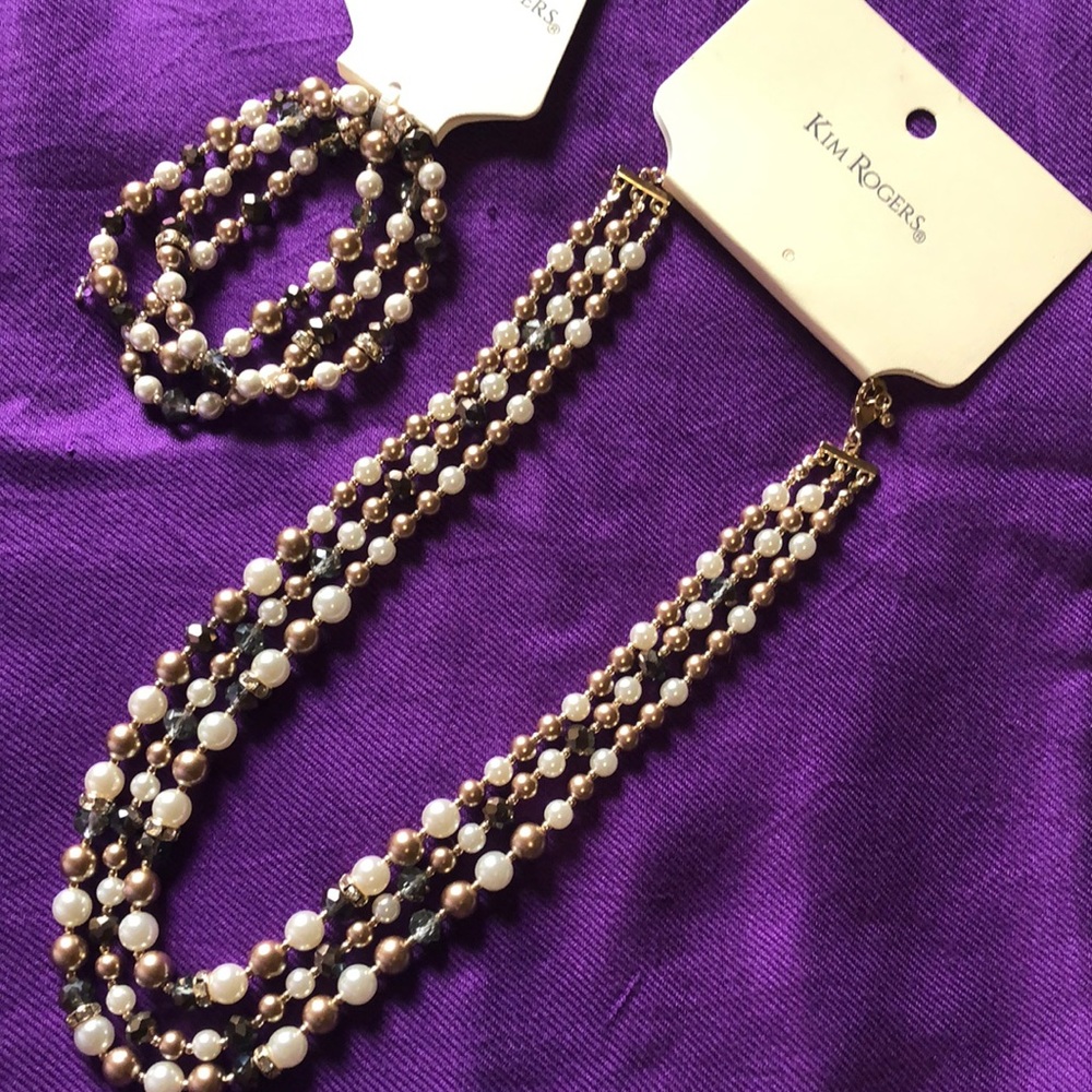 Kim Rogers 3 strand beaded necklace and bracelet. Pearl, gold and bronze beads